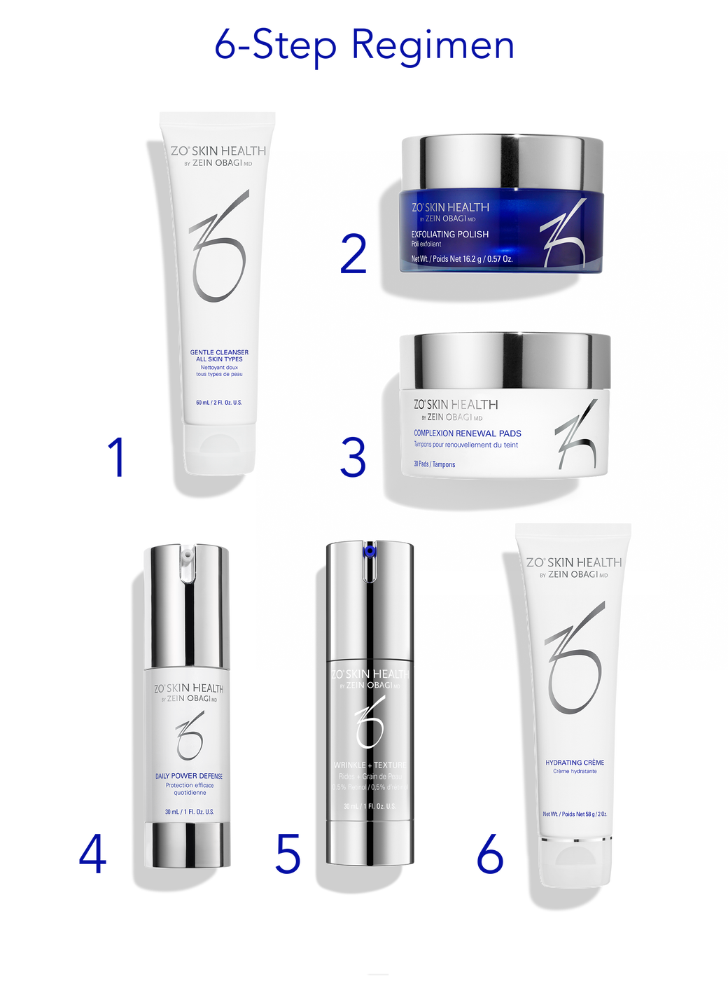 6-step ZO Skin Health skincare regimen including cleanser, polish, and hydrating crème -Vos Collection